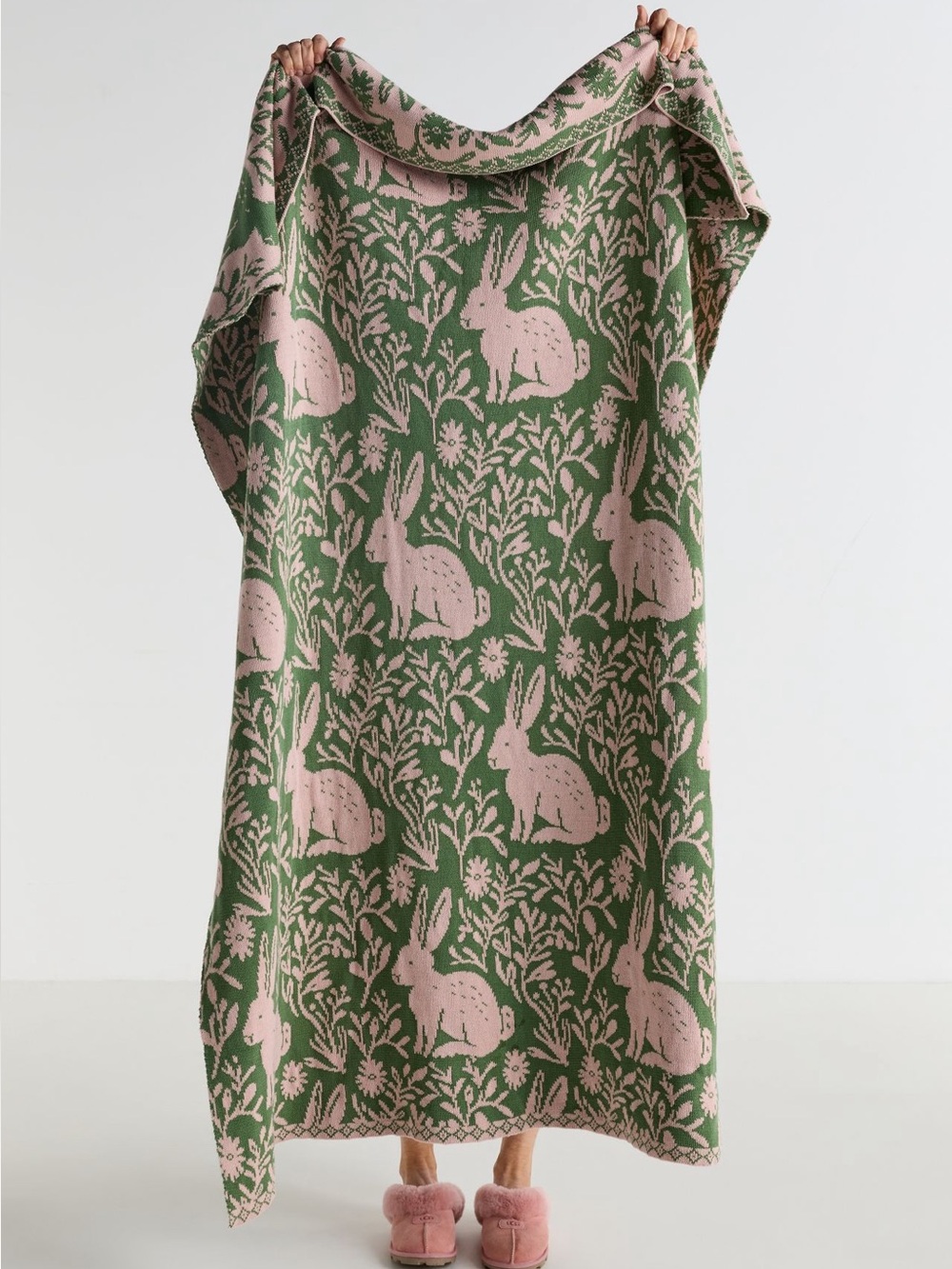 Anthropologie Bunny Throw Blanket Cotton Knit New Green Pink Bunnies 50x70